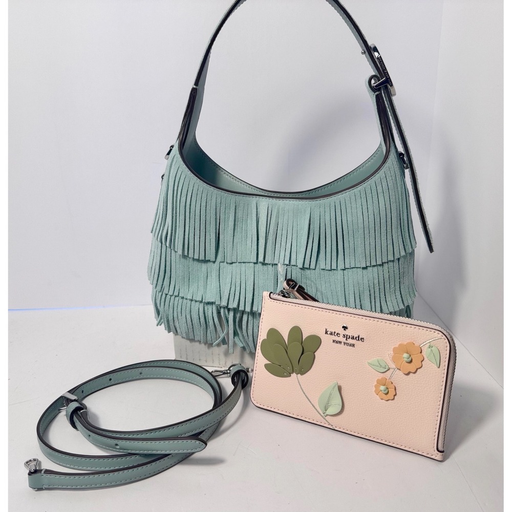 Kate Spade mini‎ suede fringe crossbody & Lucy appliqué floral wristlet
